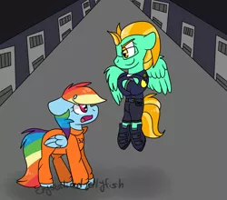 Size: 1024x900 | Tagged: artist:crystalizedjellyfish, clothes, derpibooru import, flying, jail, lightning dust, never doubt rainbowdash69's involvement, police officer, police uniform, prison, prisoner rd, prison outfit, rainbow dash, safe