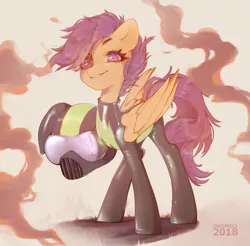Size: 1931x1901 | Tagged: safe, artist:dagmell, derpibooru import, scootaloo, pegasus, pony, the washouts (episode), clothes, female, filly, helmet, hoof hold, pint-sized dynamite, solo, uniform, washouts uniform