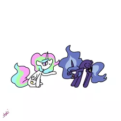 Size: 1280x1280 | Tagged: safe, artist:pencilbrony, derpibooru import, princess celestia, princess luna, alicorn, cat, pony, :<, angry, arched back, behaving like a cat, cute, duo, eye contact, female, floppy ears, frown, glare, looking at each other, mare, open mouth, raised hoof, royal sisters, simple background, sitting, white background, wide eyes