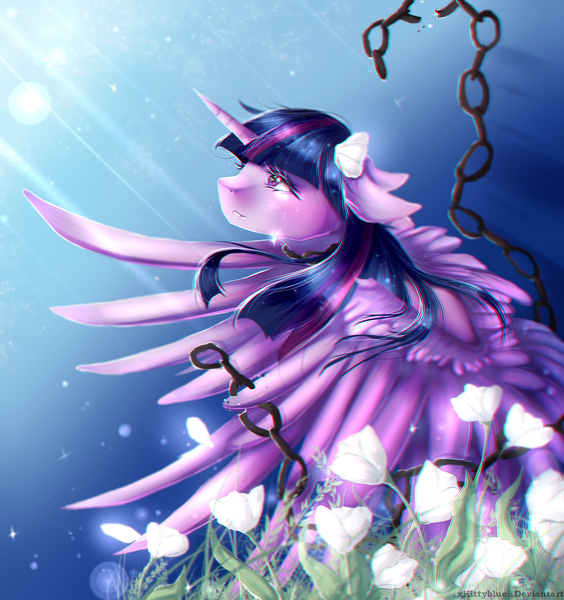 Size: 2822x3000 | Tagged: safe, artist:xkittyblue, derpibooru import, twilight sparkle, twilight sparkle (alicorn), alicorn, pony, chains, crying, female, mare, solo