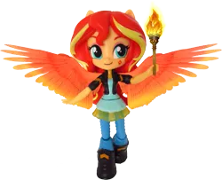 Size: 877x711 | Tagged: safe, artist:whatthehell!?, derpibooru import, sunset shimmer, equestria girls, boots, clothes, doll, dress, equestria girls minis, irl, jacket, pants, photo, shoes, simple background, solo, torch, toy, transparent background, wings