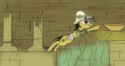 Size: 1280x683 | Tagged: safe, artist:sixes&sevens, derpibooru import, daring do, pegasus, pony, bowl, female, hat, injured wing, inktober, inktober 2018, pillar, rope, solo, tongue out, wings