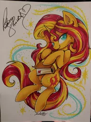Size: 1536x2048 | Tagged: safe, artist:jadedjynx, derpibooru import, sunset shimmer, pony, unicorn, book, looking at you, rebecca shoichet, signature, smiling, solo, sunset's journal, traditional art