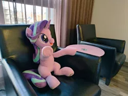 Size: 1024x768 | Tagged: safe, artist:nekokevin, derpibooru import, starlight glimmer, pony, unicorn, series:nekokevin's glimmy, chair, cute, female, irl, open mouth, photo, plushie, sitting, smiling, solo, underhoof