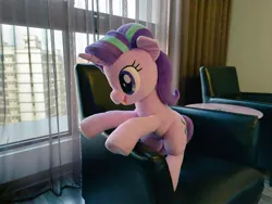 Size: 1024x768 | Tagged: safe, artist:nekokevin, derpibooru import, starlight glimmer, pony, unicorn, series:nekokevin's glimmy, chair, cute, female, irl, open mouth, photo, plushie, sitting, smiling, solo, underhoof