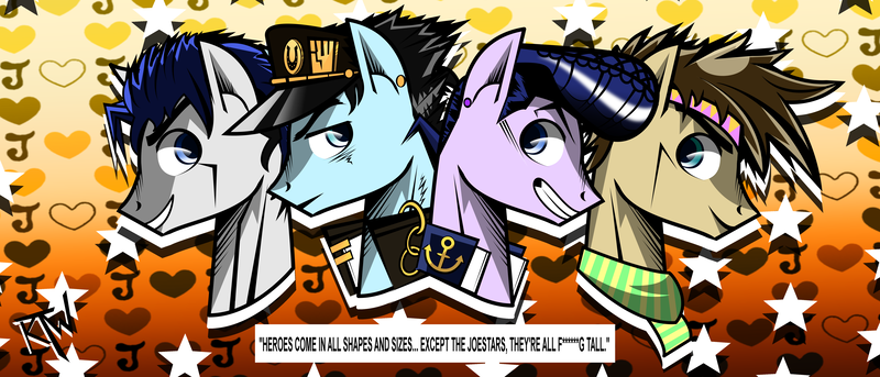 Size: 7000x3000 | Tagged: safe, artist:alexdiamondskye, artist:katiethewolfie, artist:katiethewolfy, derpibooru import, ponified, pony, clothes, headband, joestar, jojo, jojo's bizarre adventure, jonathan joestar, joseph joestar, josuke higashikata, jotaro hat, jotaro kujo, male, manly, manly as fuck, pompadour, scarf, stallion, tall