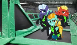 Size: 1848x1083 | Tagged: safe, derpibooru import, lightning dust, rolling thunder, short fuse, pony, the washouts (episode), australia, flipout, irl, photo, ponies in real life, the washouts, trampoline