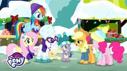 Size: 1280x720 | Tagged: safe, derpibooru import, screencap, applejack, fluttershy, pinkie pie, rainbow dash, rarity, spike, dragon, earth pony, pegasus, pony, unicorn, best gift ever, applejack's hat, bow, christmas, christmas lights, clothes, cowboy hat, earmuffs, female, glasses, hat, holiday, lights, mare, my little pony logo, snow, stetson, winged spike, winter, winter outfit, wreath, youtube thumbnail