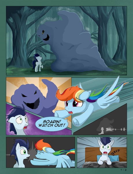 Size: 1600x2085 | Tagged: safe, artist:marmorexx, derpibooru import, rainbow dash, soarin', pegasus, pony, comic:the new wonderbolt, cloud, comic, dream, female, gasp, male, mare, monster, nightmare, stallion