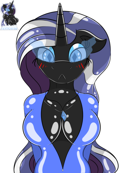 Size: 2505x3500 | Tagged: anthro, artist:skyspeardraw, breasts, derpibooru import, human to anthro, latex, nightmare rarity, oc, oc:léa, questionable, rubber, simple background, symbiote, transparent background