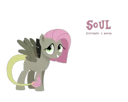 Size: 2500x2000 | Tagged: safe, artist:sugarstraw, derpibooru import, oc, oc:soul (sugarstraw), unofficial characters only, hybrid, pegasus, pony, blank flank, female, grin, hooves, interspecies offspring, lineless, mare, offspring, parent:discord, parent:fluttershy, parents:discoshy, simple background, smiling, solo, spread wings, text, transparent background, wings