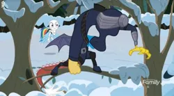 Size: 556x307 | Tagged: safe, derpibooru import, screencap, discord, rainbow dash, draconequus, pegasus, pony, best gift ever, clash of hasbro's titans, female, g.i. joe, mare, ninja, slit eyes, snake eyes, snow, storm shadow, tree