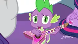 Size: 960x540 | Tagged: alicorn, best gift ever, derpibooru import, dragon, guitar, male, musical instrument, rarity, safe, screencap, solo focus, spike, twilight sparkle, twilight sparkle (alicorn), winged spike, winterchilla, winterzilla