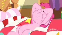 Size: 1920x1080 | Tagged: safe, derpibooru import, screencap, pinkie pie, earth pony, pony, best gift ever, bed, female, laying on bed, mare, on bed, pinkie's room, solo