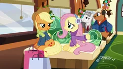 Size: 1920x1080 | Tagged: safe, derpibooru import, screencap, applejack, fluttershy, bat, earth pony, pegasus, pony, spider, best gift ever, bag, clothes, del griffith, discovery family logo, earmuffs, female, hat, hearth's warming eve, john candy, male, mare, neal page, necktie, neighl page, planes trains and automobiles, pumpkin, snow, stallion, steve martin, suit, sweater, train, winter coat