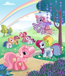 Size: 800x938 | Tagged: artist:kathy carr, cheerilee (g3), core seven, derpibooru import, g3, g3.5, pinkie pie (g3), rainbow dash (g3), rainbows, safe, scootaloo (g3), starsong, sweetie belle (g3), toola roola, tree