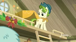 Size: 1920x1080 | Tagged: safe, derpibooru import, screencap, pistachio, earth pony, pony, best gift ever, >:), acorn, bed, bow, christmas ornament, clothes, decoration, discovery family logo, farmhouse, hat, ladder, loft, male, scarf, sweet acorn orchard, teenager