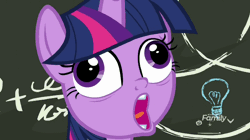 Size: 656x368 | Tagged: safe, derpibooru import, screencap, twilight sparkle, twilight sparkle (alicorn), alicorn, pony, best gift ever, animated, chalkboard, faic, food, gif, hearth's warming eve, meme, pudding, pudding face, solo, special eyes, twilight snapple, wat