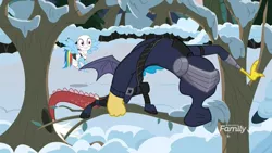 Size: 1920x1080 | Tagged: safe, derpibooru import, screencap, discord, rainbow dash, pegasus, pony, best gift ever, clash of hasbro's titans, discovery family logo, duo, female, g.i. joe, mare, mask, ninja, ninja costume, slit eyes, snake eyes, snow, storm shadow, tree