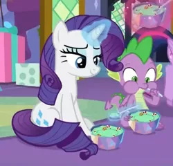Size: 448x430 | Tagged: safe, derpibooru import, screencap, rarity, spike, dragon, pony, unicorn, best gift ever, bowl, cropped, female, food, glowing horn, horn, magic, male, mare, pudding, puddinghead's pudding, puffy cheeks, spoon, telekinesis, winged spike