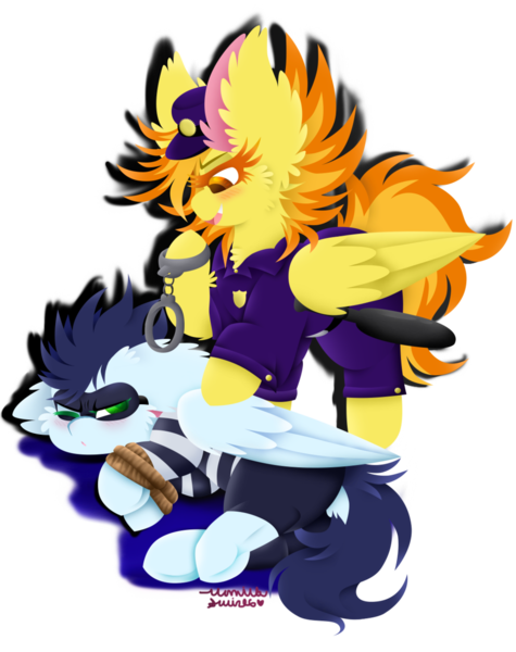 Size: 1024x1293 | Tagged: safe, artist:vanillaswirl6, derpibooru import, soarin', spitfire, pegasus, pony, arrested, badge, baton, big ears, clothes, costume, criminal, cuffs, cute, cute little fangs, dock, duo, fangs, halloween, halloween costume, hat, holiday, hooves tied, mask, police uniform, rope, signature, simple background, tied up, transparent background, underhoof