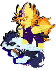 Size: 1024x1293 | Tagged: safe, artist:vanillaswirl6, derpibooru import, soarin', spitfire, pegasus, pony, arrested, badge, baton, big ears, clothes, costume, criminal, cuffs, cute, cute little fangs, dock, duo, fangs, halloween, halloween costume, hat, holiday, hooves tied, mask, police uniform, rope, signature, simple background, tied up, transparent background, underhoof