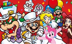 Size: 1800x1092 | Tagged: anniversary, balloon, bowser, cappy, cappy (mario), celebration, clothes, crossover, crossover shipping, crown, derpibooru import, dress, female, hat, jewelry, luigi, male, mario, mario & luigi, mariopie, party hat, pauline, pinkie pie, princess peach, red hat, regalia, safe, shipping, straight, super mario bros., super mario odyssey, tiara, tiara (mario), wedding dress, wedding suit