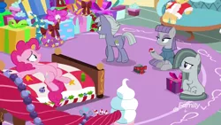Size: 1920x1080 | Tagged: safe, derpibooru import, screencap, boulder (pet), limestone pie, marble pie, maud pie, pinkie pie, earth pony, pony, best gift ever, bed, christmas, discovery family logo, female, hat, holiday, mare, pie sisters, pinkie's bedroom, present, santa hat, siblings, sisters, spread hooves, sugarcube corner