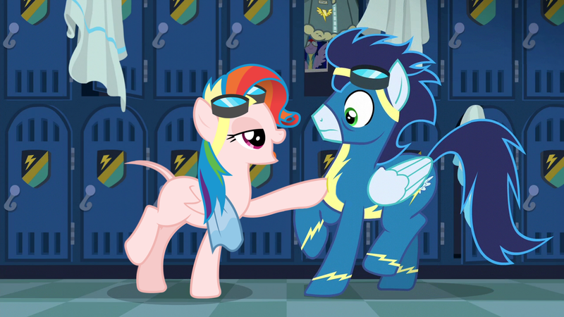 Size: 1920x1080 | Tagged: safe, derpibooru import, edit, edited edit, edited screencap, editor:slayerbvc, screencap, rainbow dash, soarin', pegasus, pony, newbie dash, alternate hairstyle, bomber jacket, casual nudity, clothed male nude female, clothes, female, flirting, furless, furless edit, goggles, jacket, locker room, lockers, male, mare, nude edit, nudity, plucked wings, rainbow fash, raised hoof, shaved, shaved tail, squishy chest, stallion, towel, uniform, wings, wonderbolts uniform