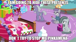 Size: 888x499 | Tagged: safe, derpibooru import, edit, edited screencap, screencap, boulder (pet), limestone pie, marble pie, maud pie, pinkie pie, earth pony, pony, best gift ever, bed, butt, christmas, discovery family logo, female, hat, holiday, mare, pie sisters, pinkie's bedroom, plot, present, santa hat, siblings, sisters