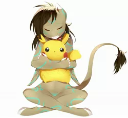 Size: 2994x2757 | Tagged: safe, artist:ariida-chi, derpibooru import, oc, oc:rune, anthro, pegasus, pikachu, child, female, happy, image, jpeg, plushie, pokémon, snuggling, solo, wings, young