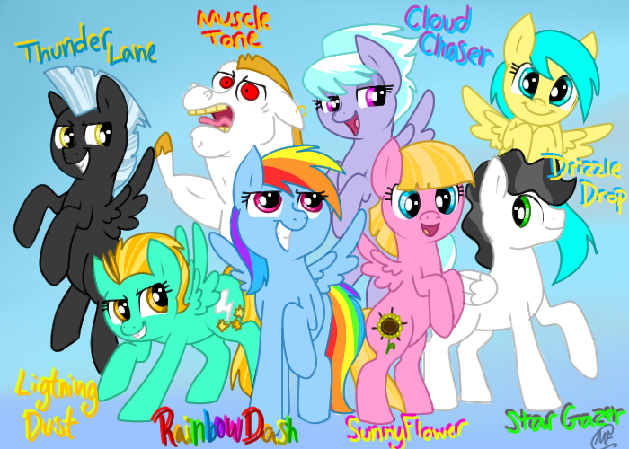 Size: 700x500 | Tagged: artist:mc10215, bulk biceps, cloudchaser, derpibooru import, lightning dust, meadow flower, mercury, milky way, rainbow dash, roid rage, safe, starry eyes (character), sunshower raindrops, thunderlane, wonderbolts academy