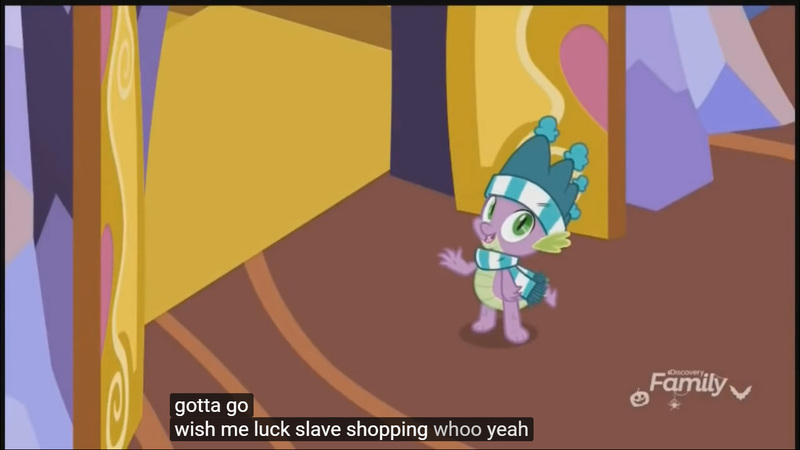 Size: 1366x768 | Tagged: best gift ever, caption, derpibooru import, edit, edited screencap, meme, safe, screencap, slave, slavery, spike, twilight's castle, youtube caption