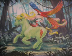 Size: 900x706 | Tagged: safe, artist:sunset80, derpibooru import, mimic (g1), bird, macaw, parrot, pony, scarlet macaw, twinkle eyed pony, unicorn, acrylic painting, bow, female, g1, jungle, mare, spread wings, tail bow, traditional art, wings
