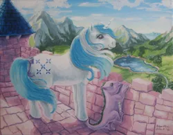 Size: 1024x798 | Tagged: safe, artist:sunset80, derpibooru import, majesty, spike (g1), dragon, pony, unicorn, acrylic painting, baby, baby dragon, bow, castle, g1, mountain, tail bow, traditional art