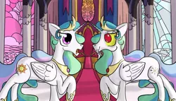 Size: 1280x731 | Tagged: safe, artist:sixes&sevens, derpibooru import, discord, princess celestia, alicorn, pony, doppleganger, hoof shoes, inktober, inktober 2018, raised hoof, stained glass, surprised, throne, transformation