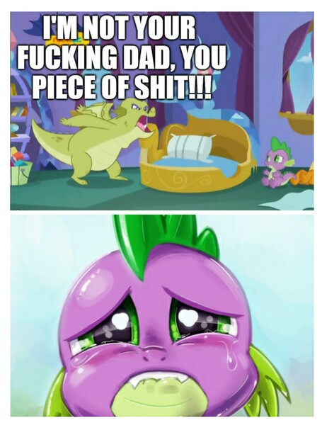 Size: 3106x4096 | Tagged: abuse, artist:kp-shadowsquirrel, background pony strikes again, crying, derpibooru import, downvote bait, dragon, edit, edited screencap, father knows beast, sad, safe, screencap, sludge (dragon), smolder, spike, spikeabuse, vulgar, winged spike