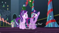 Size: 1280x720 | Tagged: a hearth's warming tail, alicorn, derpibooru import, ribbon, safe, screencap, spike, starlight glimmer, text, twilight's castle, twilight sparkle, twilight sparkle (alicorn)