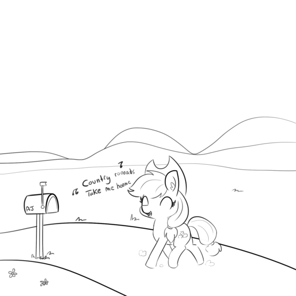 Size: 1280x1280 | Tagged: safe, artist:tjpones, derpibooru import, applejack, applejack's hat, cowboy hat, cute, grayscale, hat, hill, jackabetes, john denver, mailbox, monochrome, solo, song, song reference, stetson, take me home country roads