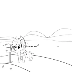 Size: 1280x1280 | Tagged: safe, artist:tjpones, derpibooru import, applejack, earth pony, pony, applejack's hat, cowboy hat, female, grayscale, hat, hill, humming, mailbox, mare, monochrome, road, solo, stetson, text