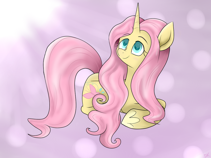 Size: 1024x764 | Tagged: safe, artist:envygirl95, derpibooru import, fluttershy, pony, unicorn, leak, spoiler:g5, abstract background, female, fluttershy (g5), g5, looking at something, looking up, mare, prone, smiling, solo, unicorn fluttershy