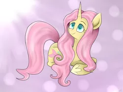 Size: 1024x764 | Tagged: safe, artist:envygirl95, derpibooru import, fluttershy, pony, unicorn, leak, spoiler:g5, abstract background, female, fluttershy (g5), g5, looking at something, looking up, mare, prone, smiling, solo, unicorn fluttershy