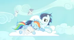 Size: 1024x559 | Tagged: safe, artist:gamebutton, derpibooru import, rainbow dash, soarin', oc, pony, female, male, offspring, parent:rainbow dash, parent:soarin', parents:soarindash, shipping, soarindash, straight