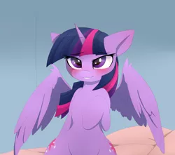 Size: 1024x904 | Tagged: alicorn, artist:posionjoke, bed, blushing, both cutie marks, derpibooru import, simple background, spread wings, suggestive, twilight sparkle, twilight sparkle (alicorn), wings