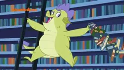 Size: 320x180 | Tagged: book, bookshelf, derpibooru import, everything is ruined, father knows beast, jerk, ladder, library, pure unfiltered evil, safe, screencap, sludge (dragon), solo, twilight's castle, twilight's castle library