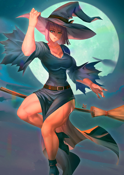 Size: 990x1400 | Tagged: artist:bakki, boulder (pet), breasts, broom, busty maud pie, cleavage, clothes, commission, derpibooru import, female, flying, flying broomstick, hat, high heels, human, humanized, legs, maud pie, maud pump, moon, muscles, shoes, solo, solo female, suggestive, witch, witch hat