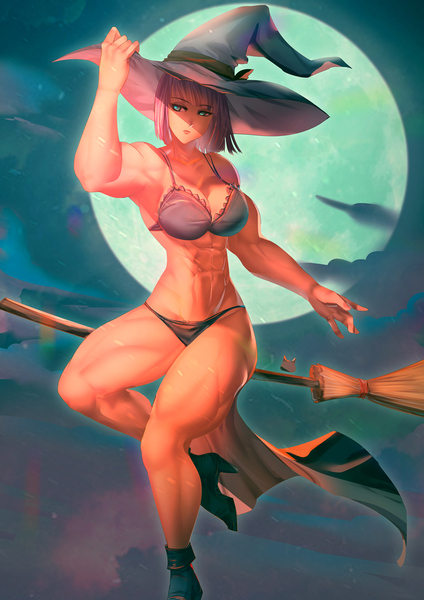 Size: 990x1400 | Tagged: abs, alternate version, armpits, artist:bakki, boulder (pet), bra, breasts, broom, busty maud pie, cleavage, clothes, commission, derpibooru import, female, flying, flying broomstick, hat, high heels, human, humanized, legs, lingerie, maud pie, maud pump, moon, muscles, panties, shoes, solo, solo female, suggestive, underwear, witch, witch hat