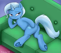 Size: 1231x1052 | Tagged: safe, artist:strebiskunk, derpibooru import, trixie, pony, unicorn, road to friendship, butt, couch, dock, draw me like one of your french girls, female, frog (hoof), mare, plot, signature, solo, underhoof