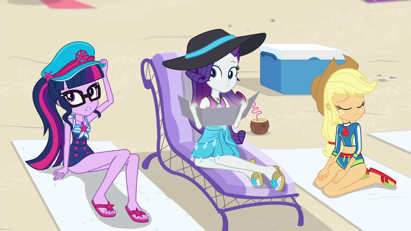 Size: 1920x1080 | Tagged: safe, derpibooru import, screencap, applejack, rarity, sci-twi, twilight sparkle, equestria girls, equestria girls series, forgotten friendship, applejack's hat, beach babe, beach chair, beach towel, belly button, bikini, bikini babe, captain hat, clothes, coconut, coconut drink, cooler, cowboy hat, feet, female, flip-flops, food, geode of shielding, geode of super strength, geode of telekinesis, hat, legs, magical geodes, sandals, schrödinger's pantsu, sun hat, swimsuit, tanning mirror, trio, trio female