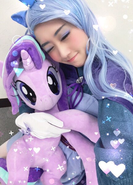 Size: 863x1202 | Tagged: safe, artist:bunnyoxo, artist:nekokevin, derpibooru import, starlight glimmer, trixie, human, pony, unicorn, series:nekokevin's glimmy, best friends, clothes, cosplay, costume, female, hug, irl, irl human, japan, japan ponycon, lesbian, photo, plushie, shipping, startrix